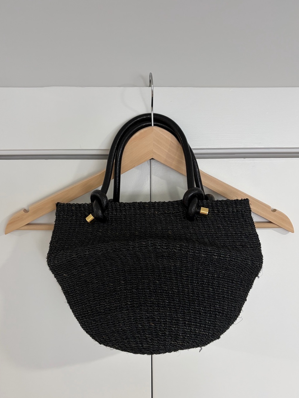 KAYU Mini Tove Woven Straw Belly Bag BLACK STRAW with Black Handles